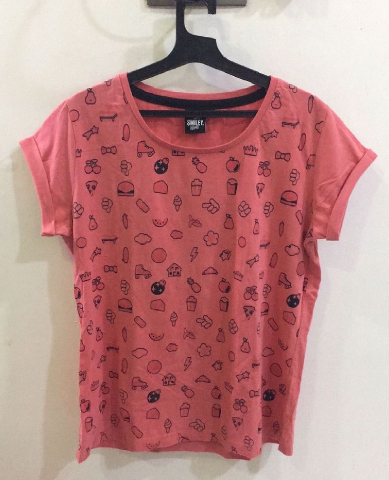 SmileyWorld Abstract T-shirt In Coral Pink Colour