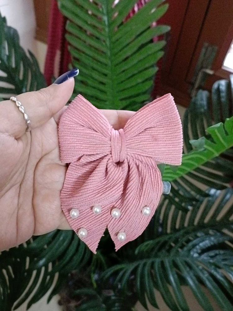 Pink Corduroy Pearl Hair Bow