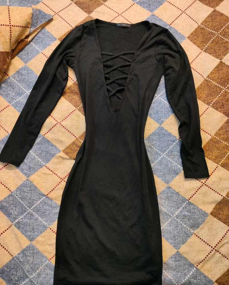 Black Mini Dress with Lace-Up Detail
