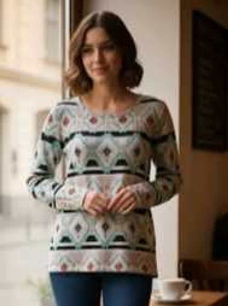 Patterned Long Sleeve wool sweater top