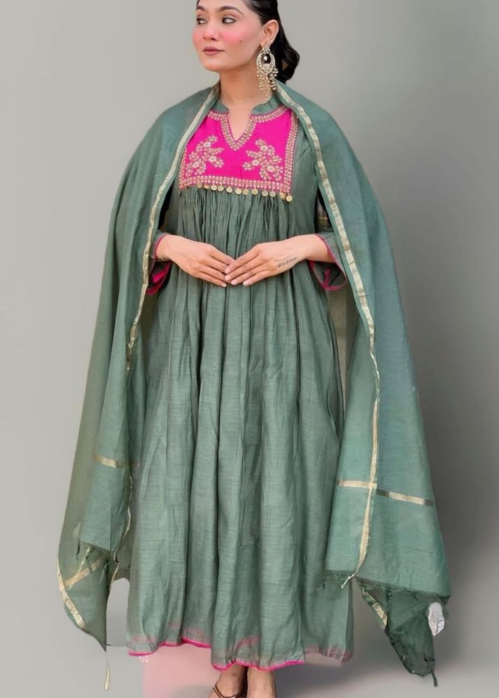 Green &amp; Pink Embroidered Anarkali Suit