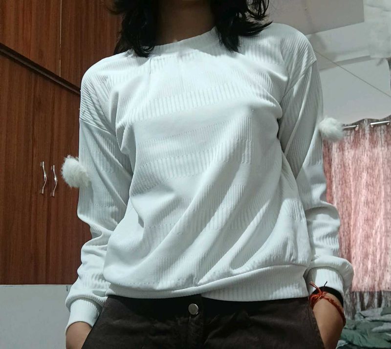 White Sweatshirt With Pom-pom Sleeves