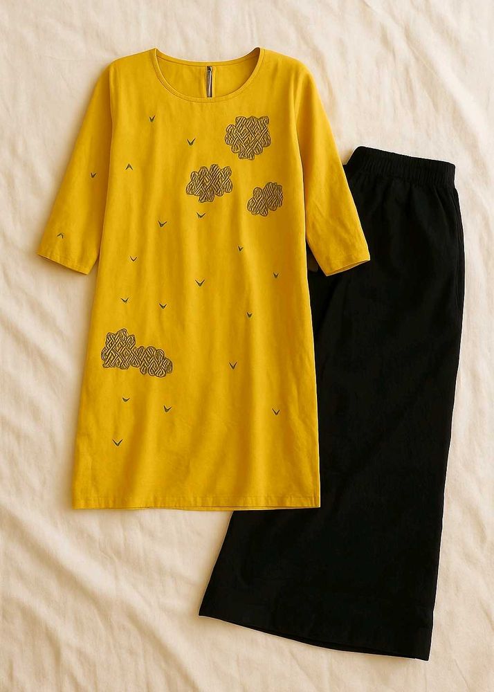Max Mustard Embroidery Kurta With Black Plazzo