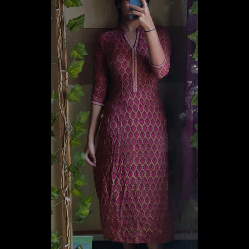 Libas Kurta Red Patterned Long Length