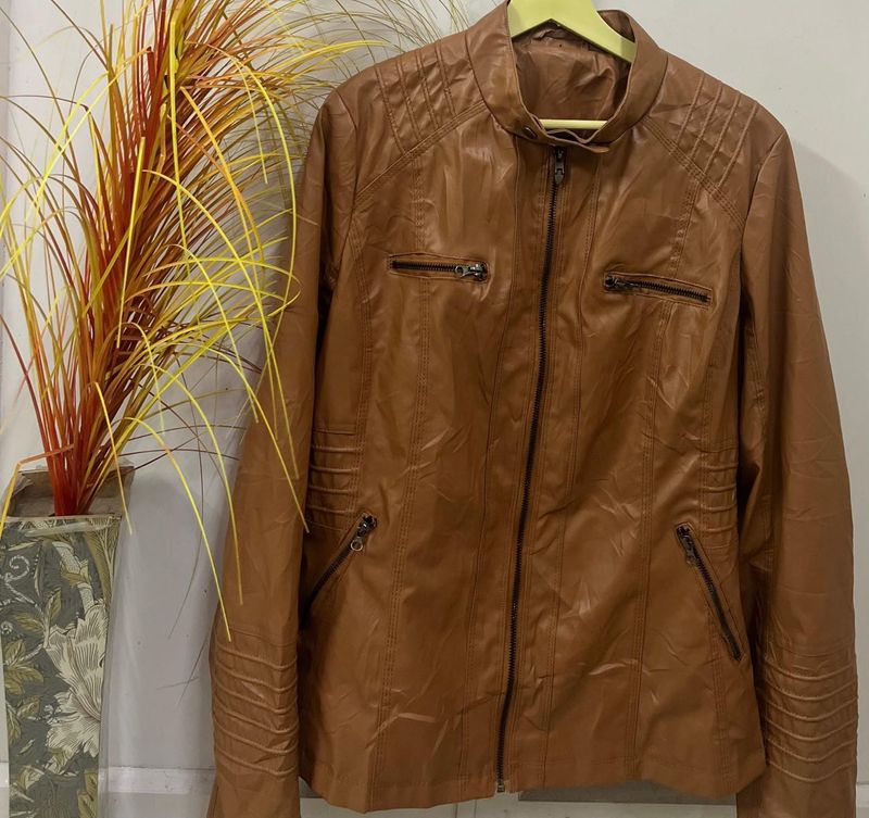 Brown Faux Leather Moto Jacket