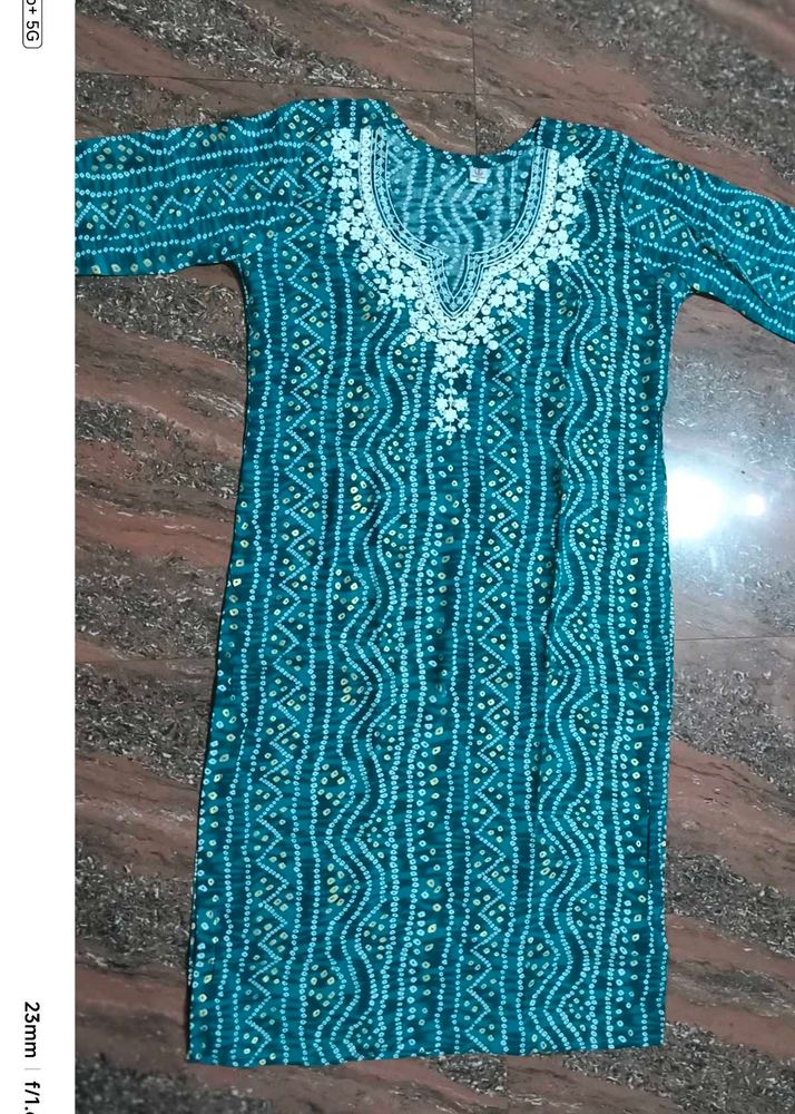 Teal Bandhani Kurti with Embroidery Size Xl