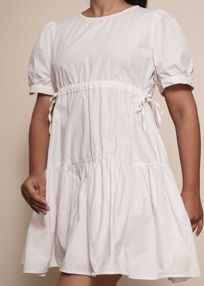 White Puff Sleeve Tiered Mini Dress