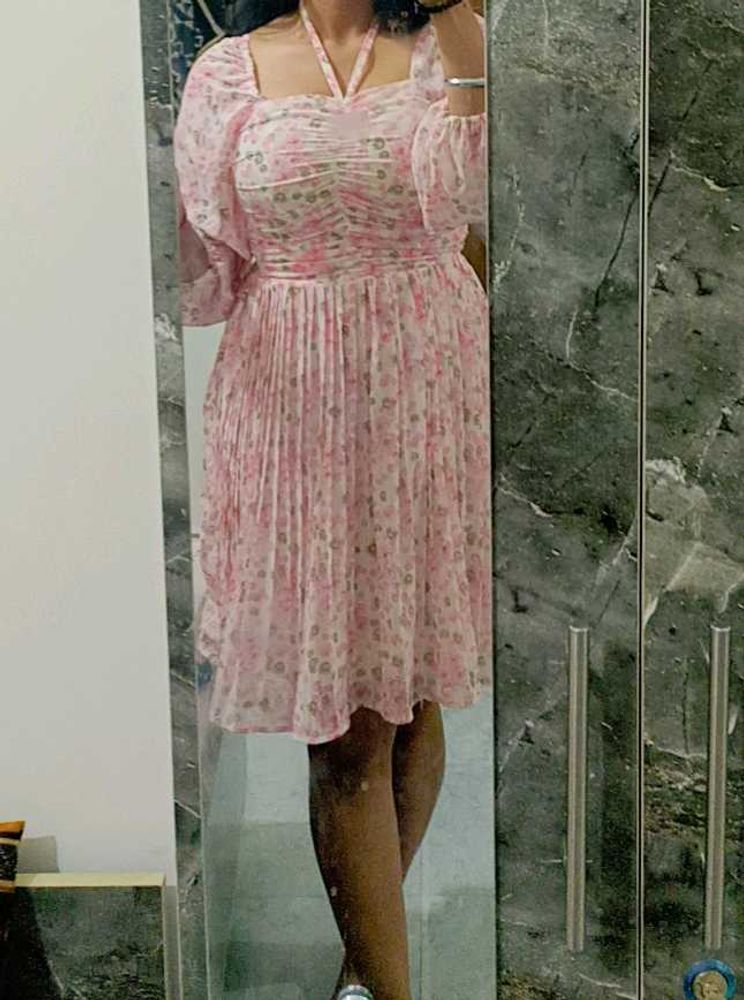 Pink Floral Chiffon Mini Dress