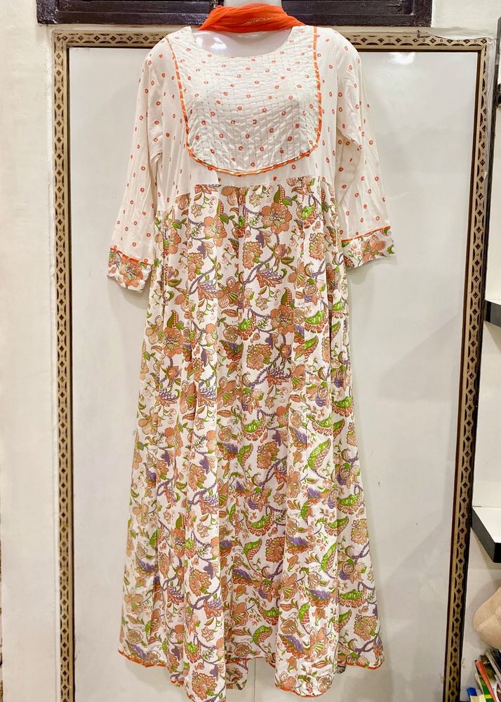 Floral Cotton Maxi Dress With Pants &amp; Dupatta