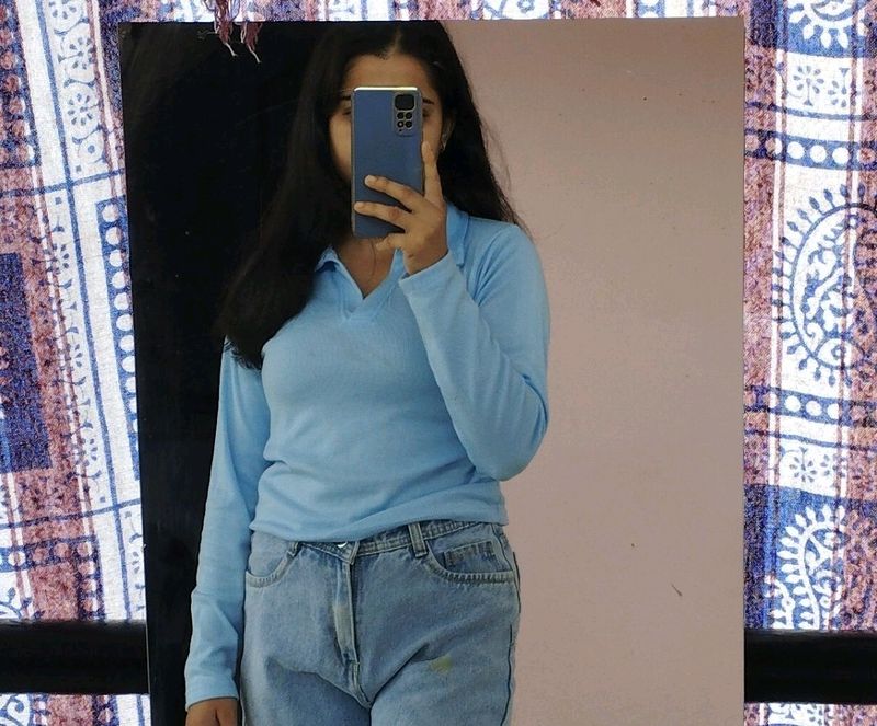 Sky Blue Long Sleeve Polo Top