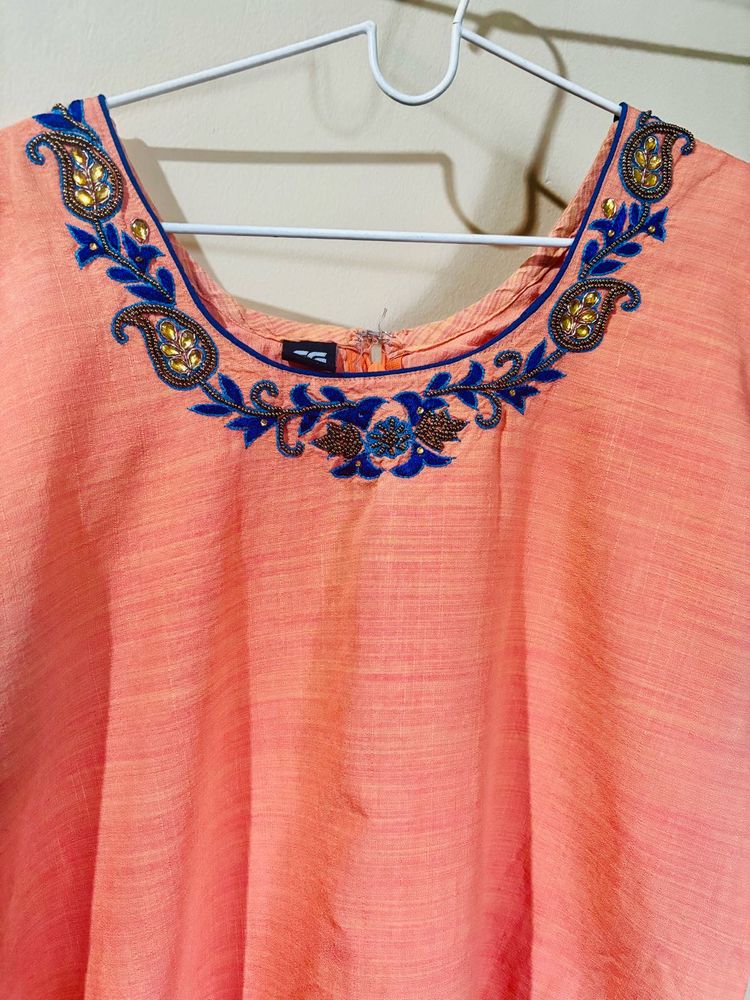Embroidered Beautiful Peach Kurta - 2XL