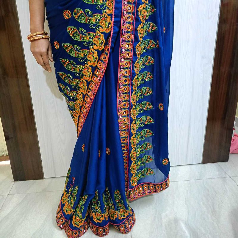 Elegant Blue Embroidered Saree