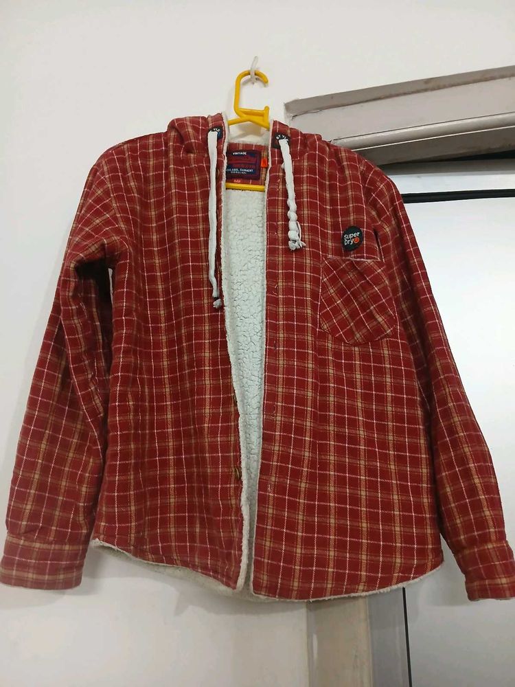 Red Plaid Sherpa Lined Hooded Shirt