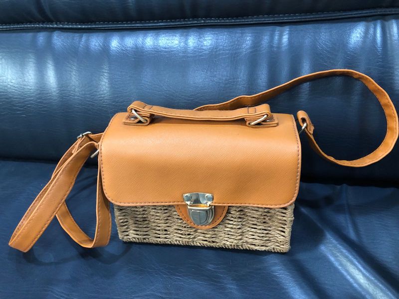 Tan &amp; Wicker Crossbody Bag