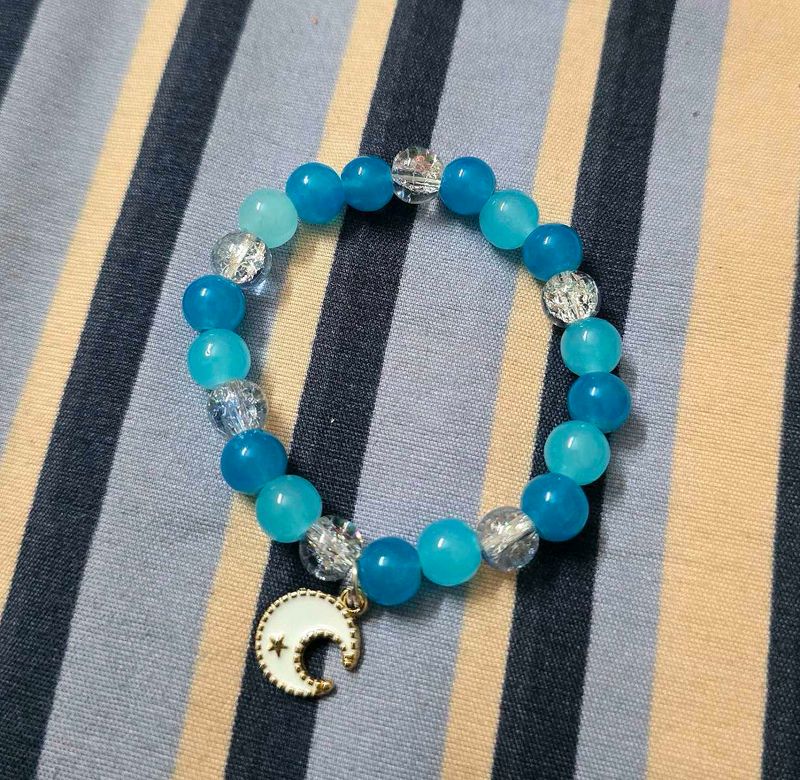 Handmade Blue Beaded Bracelet with Moon Charm