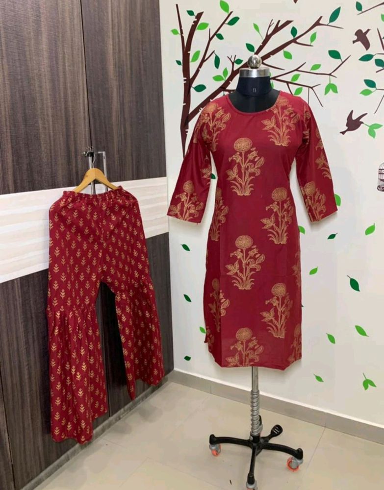 Rayon Golden Printed Plazo Kurti (Red Color)