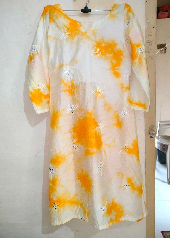 White &amp; Orange Tie Dye Kurti With Plazo