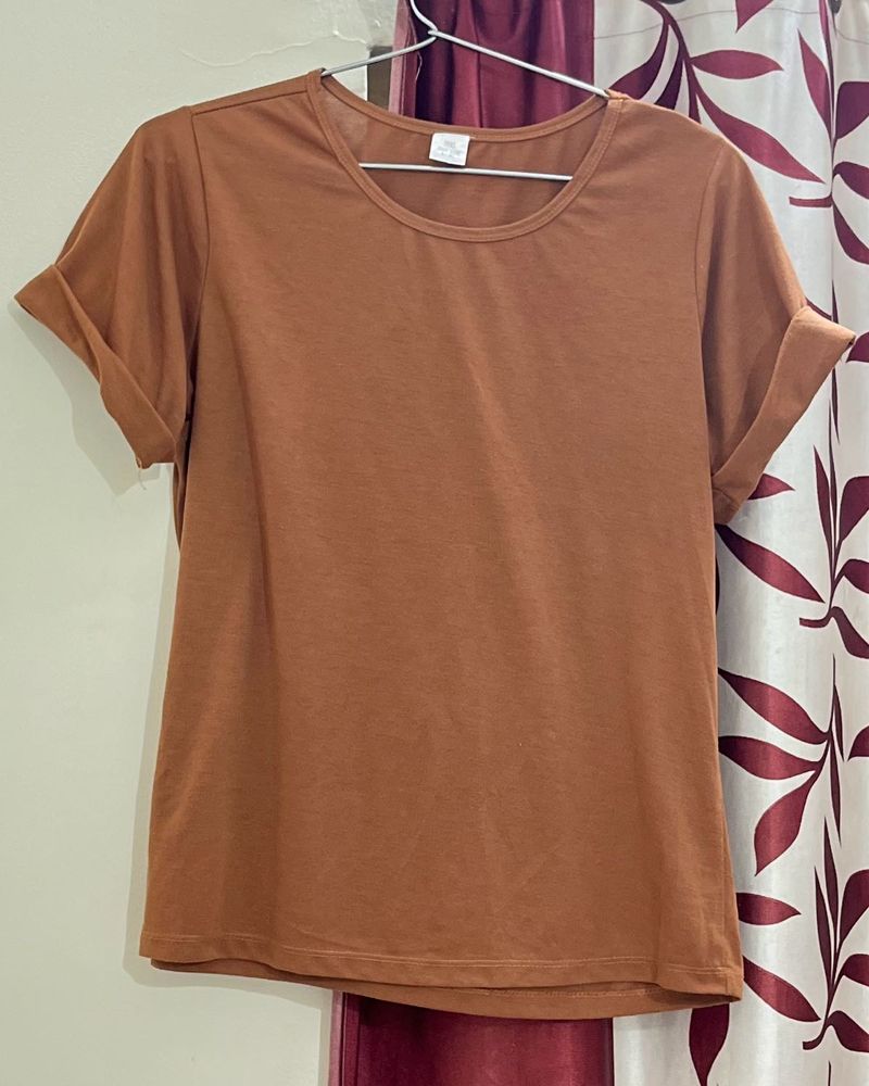 Brown Basic Tee With Folded Sleeves