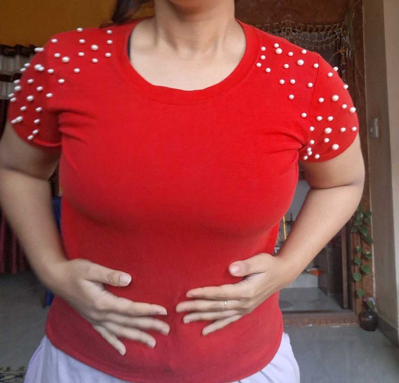Red T-Shirt with Pearl Detail