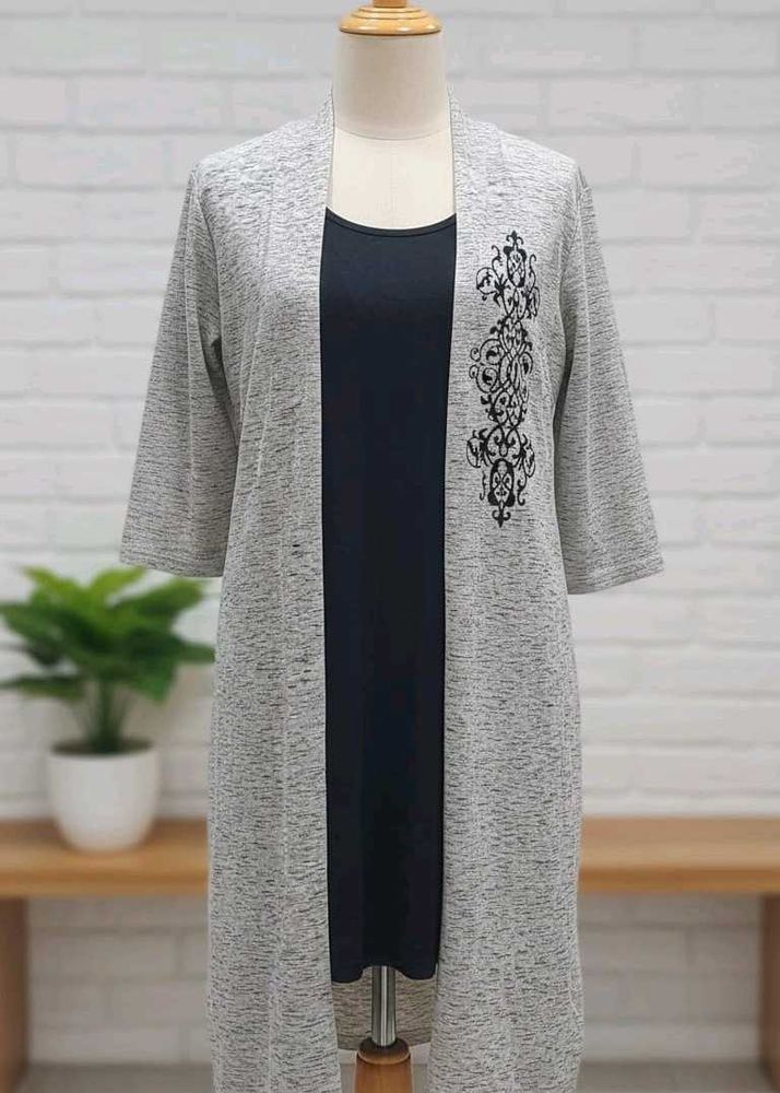Elegant Grey Cardigan with Embroidery