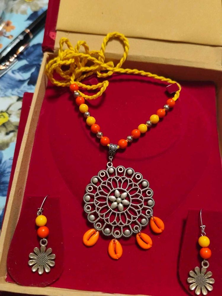 Oxidised Orange Yellow Necklace Set With Box