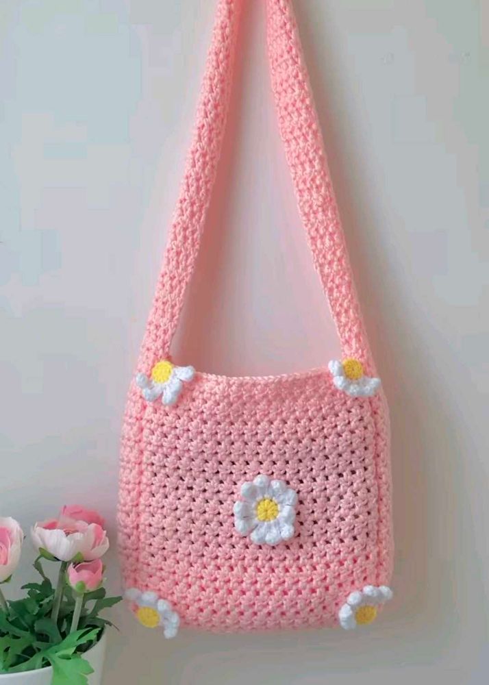 Pink Crochet Daisy Bag