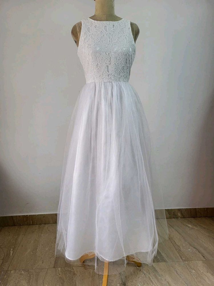 White Lace &amp; Tulle Maxi Dress