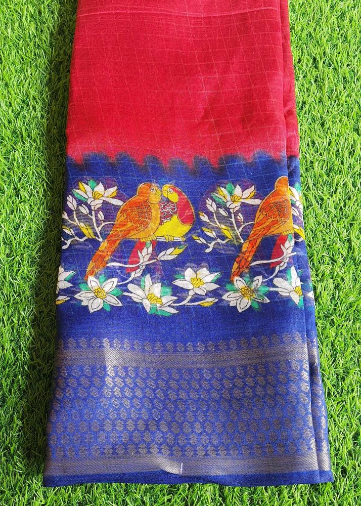 Red &amp; Blue Bird Print Saree