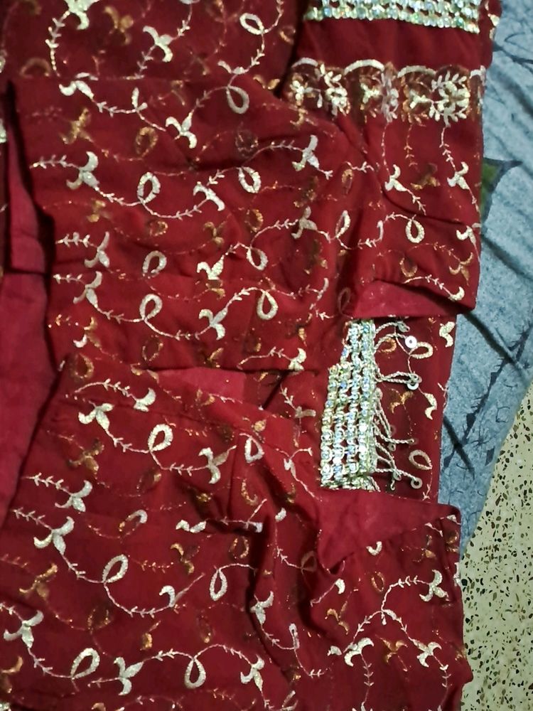 Bridal Georget Maroon Saari With Lacy Border Prepared With Stitched Blouse