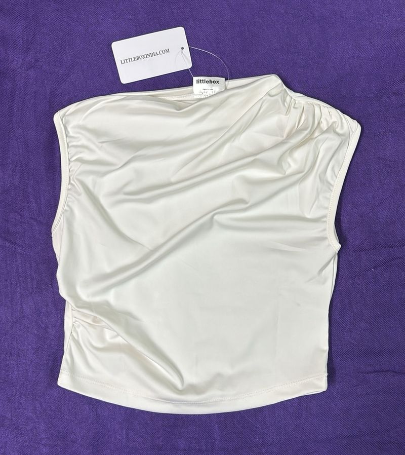 High Neck RuchedSleeveless White Crop Top