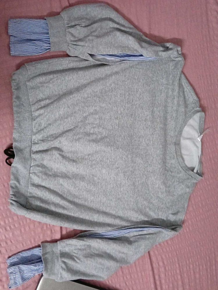 Stylish Gray Striped-Sleeve Top