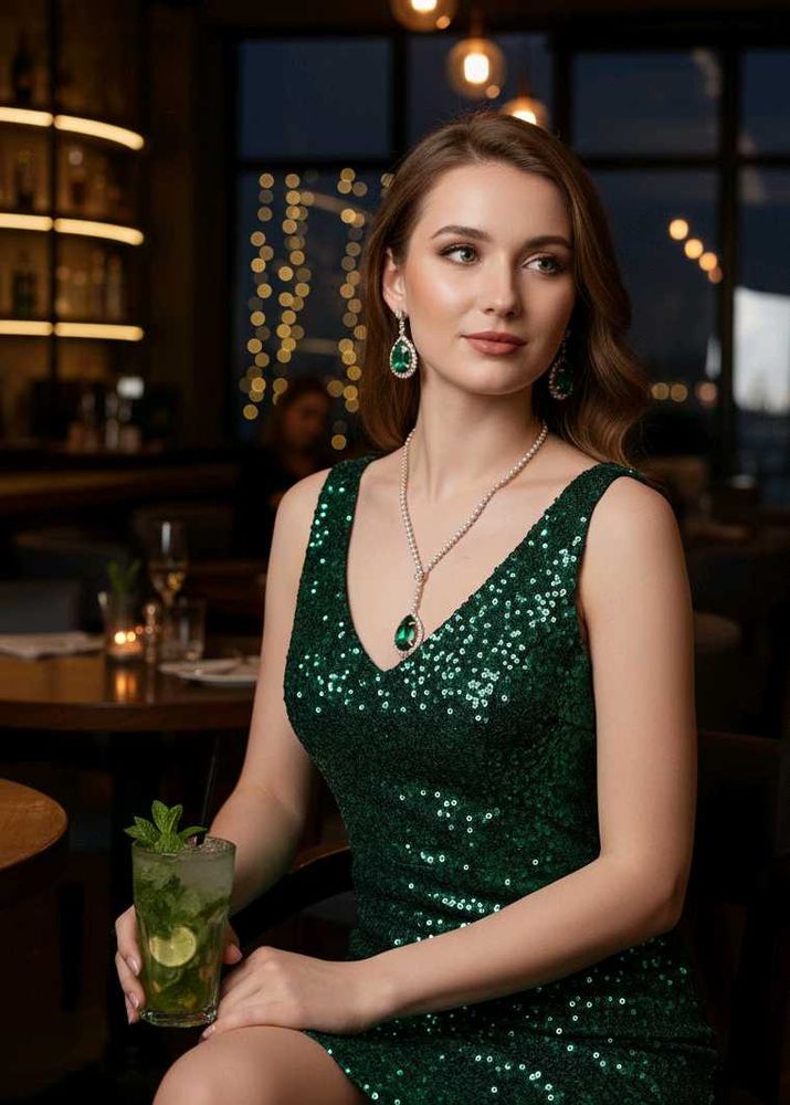 Green Emerald Rhinestone Chain Necklace