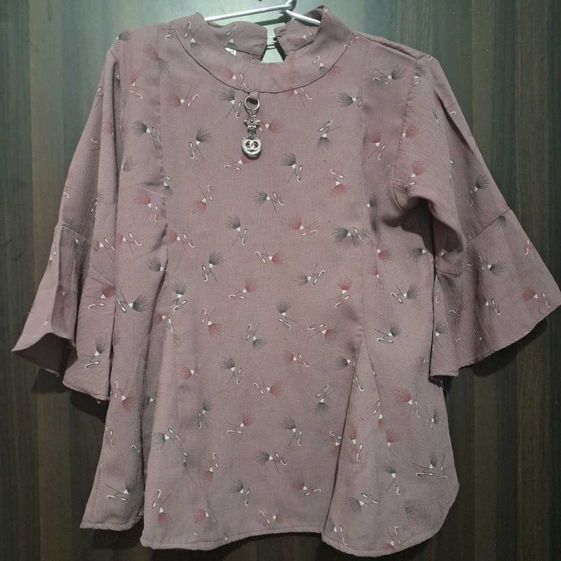 Mauve Print Top with Bell Sleeves