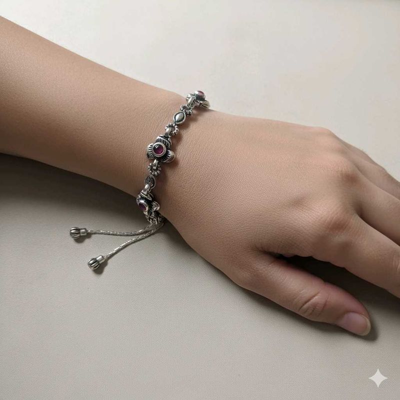 Pure Silver Antique Oxidised Pink&amp;Green CZ Bracele