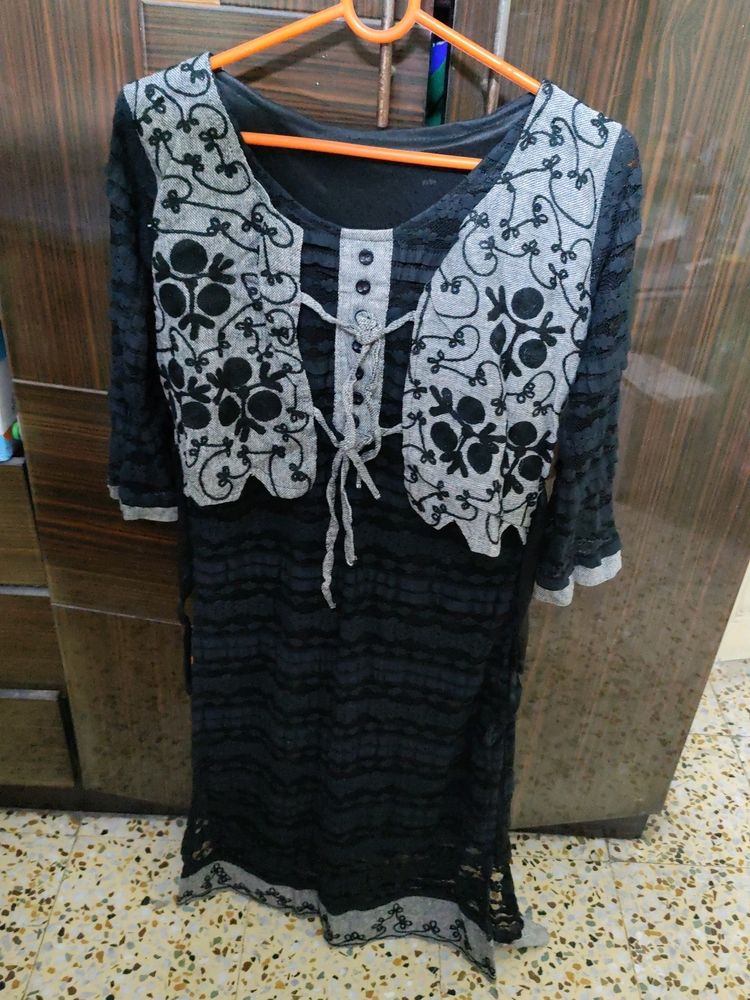Net Kurta With Attached Floral Jute Jacket