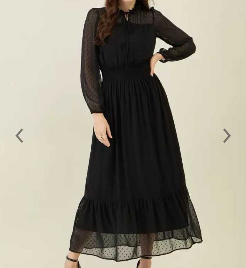 Elegant Black Polka Dot Chiffon Midi Dress