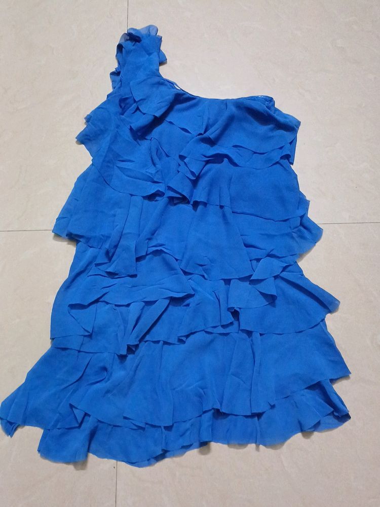 Blue One Side Off Shoulder Frock