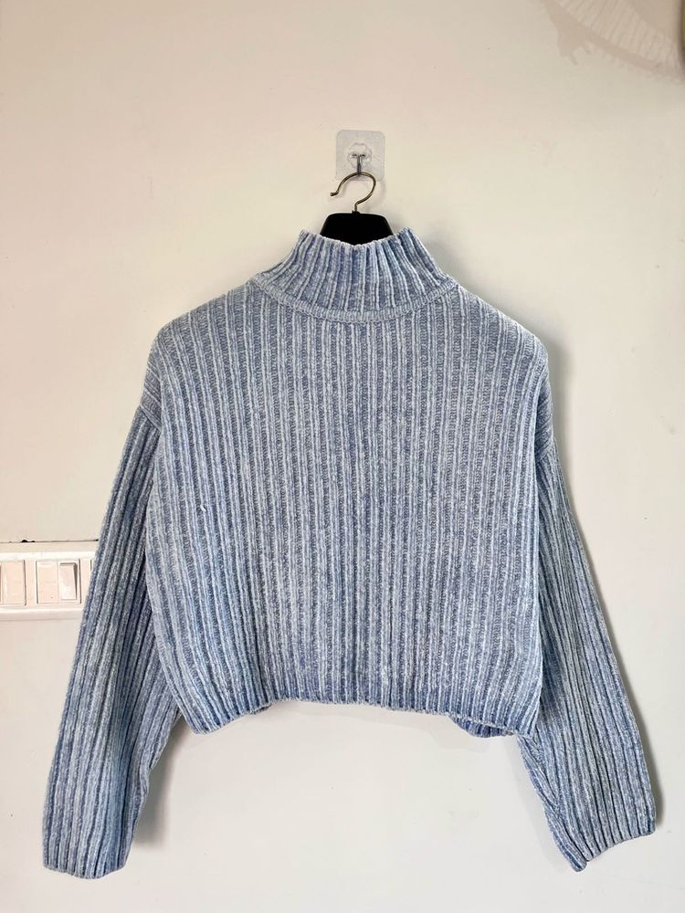 Blue Knit Turtleneck Sweater