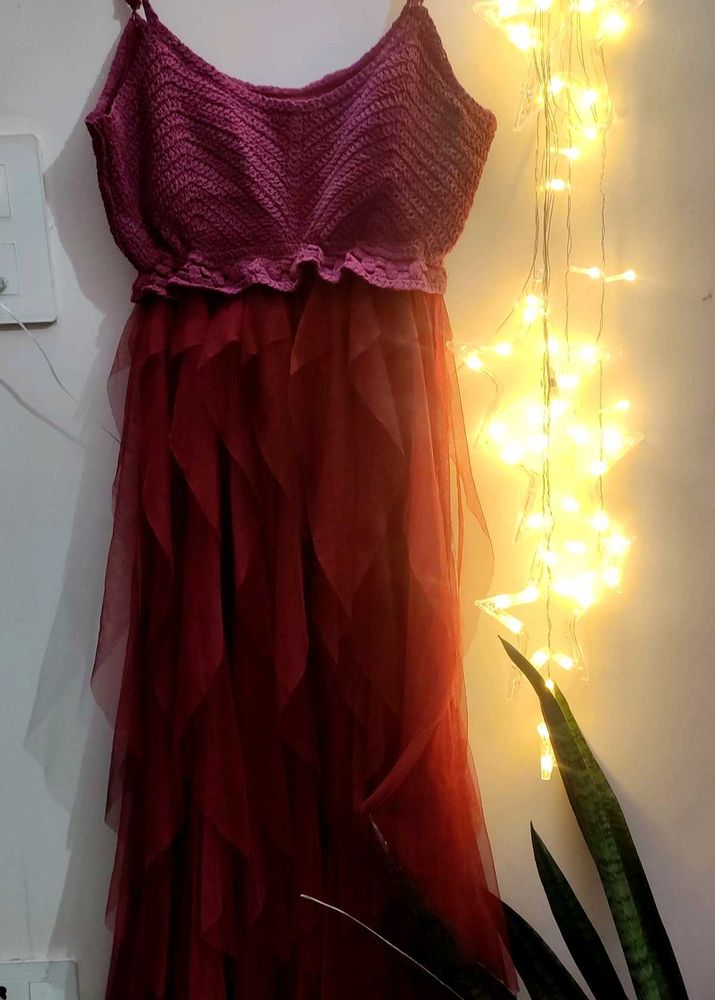 Maroon Crochet Top Tulle Dress
