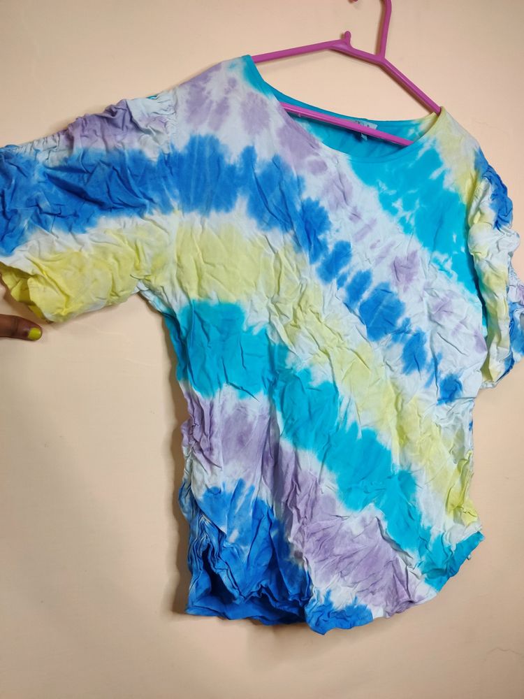 Tye Dye Print Rayon Top With Elastic Sleeves