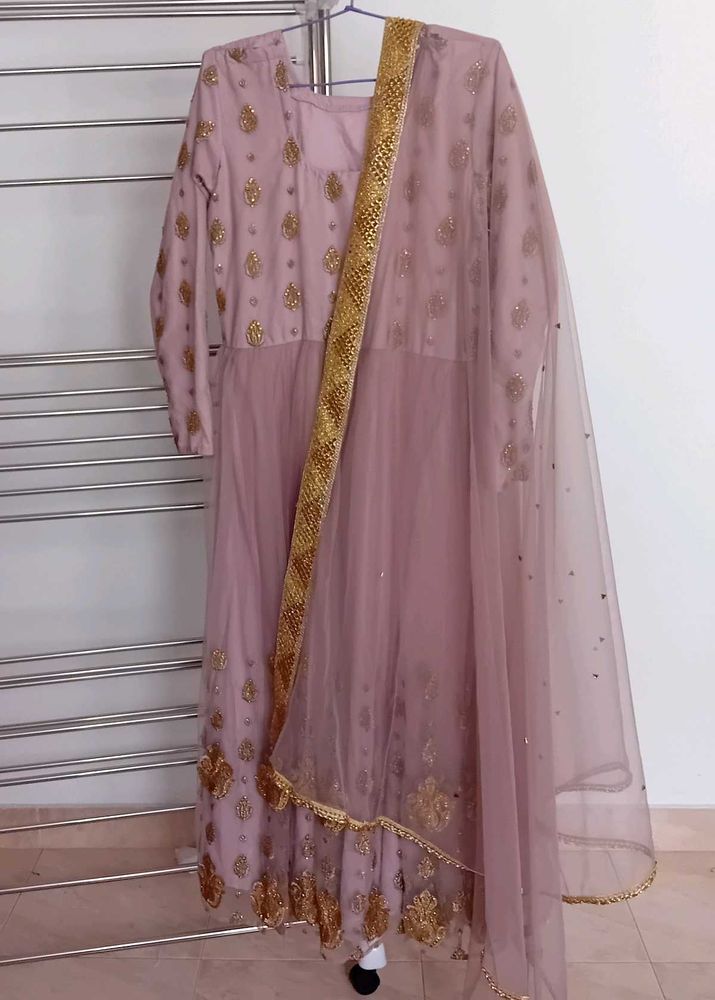 Mauve Anarkali Dress with Gold Detail