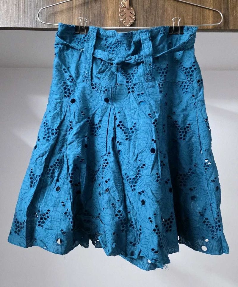 Blue Eyelet Skirt with Belt