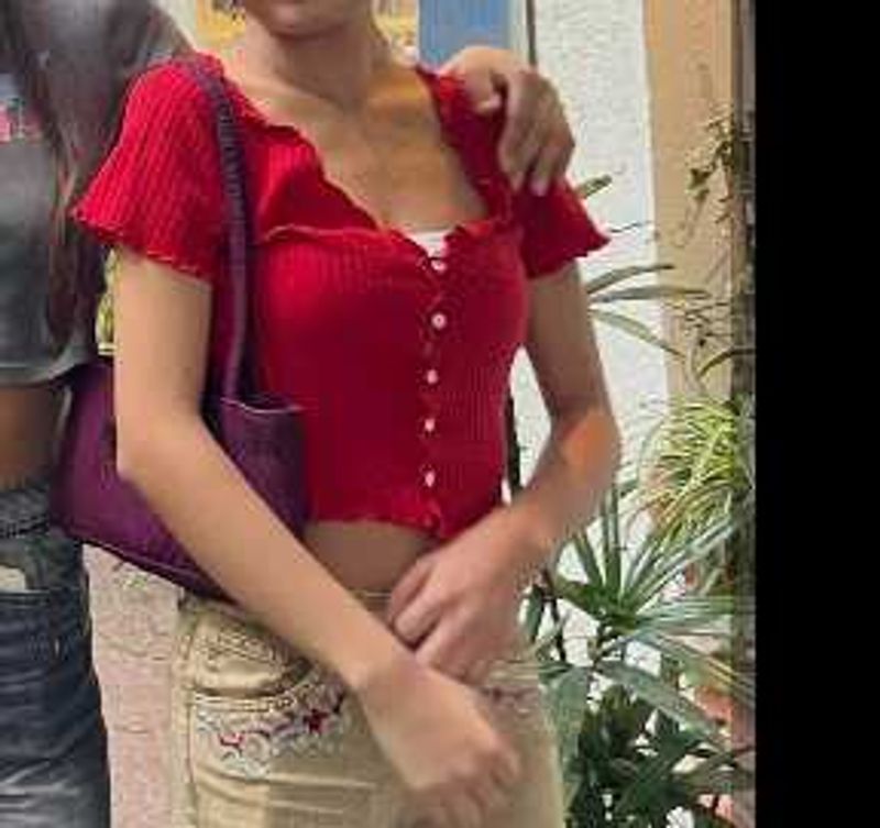 Front Frill Red Button Half Sleeve Top