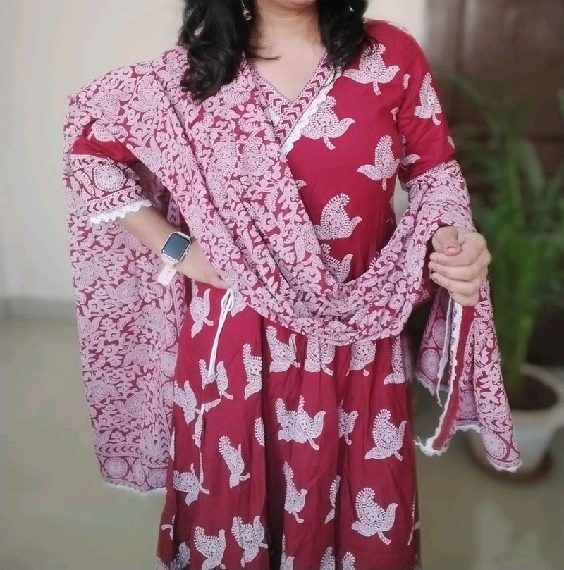 Beautiful Red Anarkali With Plazo Pant And Dupatta