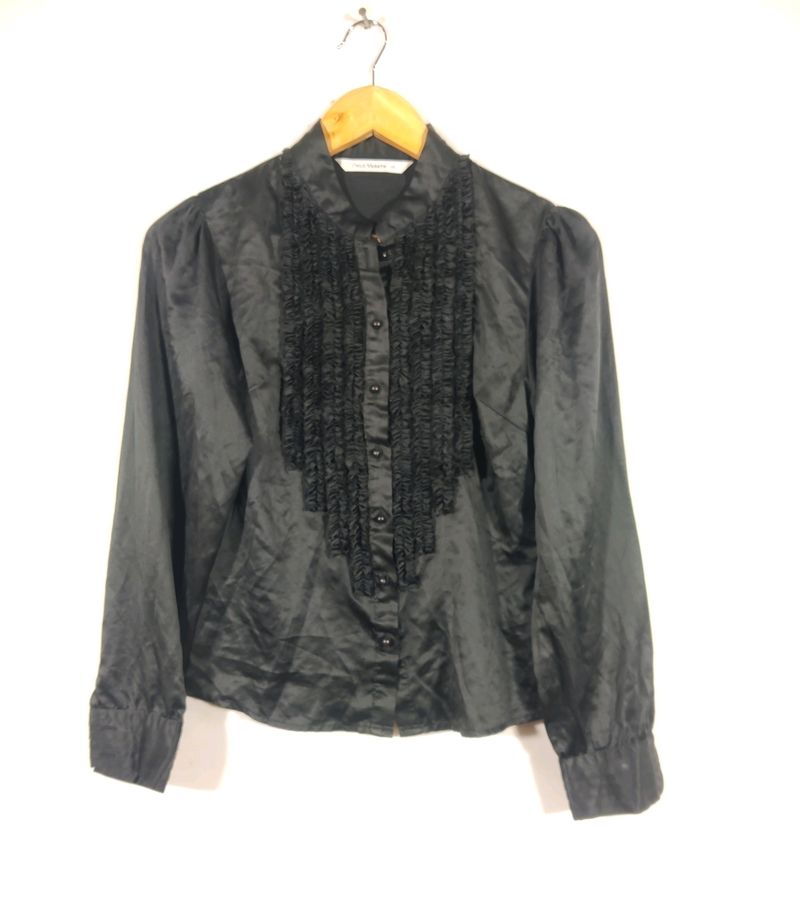Orlo Vabath Black Ruffle VNeck ButtonDownTop(Women