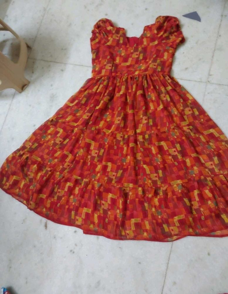 New Stitched 3 Layer Red Abstract  Dress