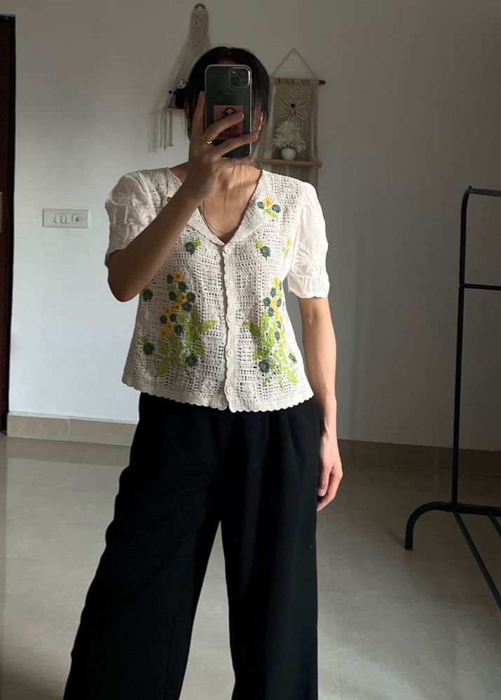 Crochet Yellow Floral Embroidered Cotton Top