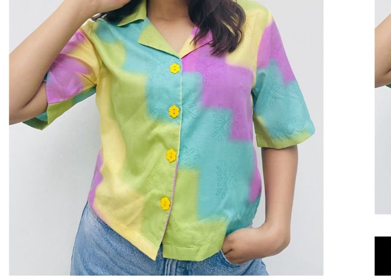 Women Block Cut Away Collar Multicolor Shirt
