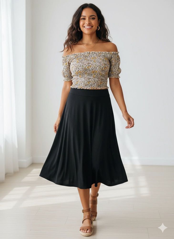 Ajio Top &amp; Black A-Line Midi Skirt