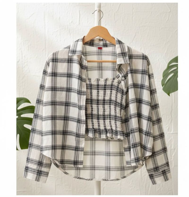 Plaid Crop Top &amp; Shirt Set
